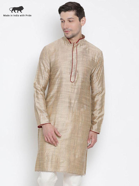 Vastramay Men's Beige Cotton Silk Blend Kurta