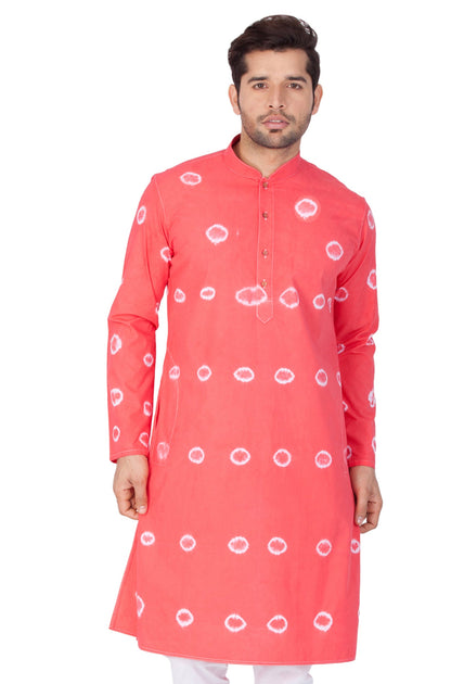 Vastramay Men's Pink Bandhni Print Cotton Kurta