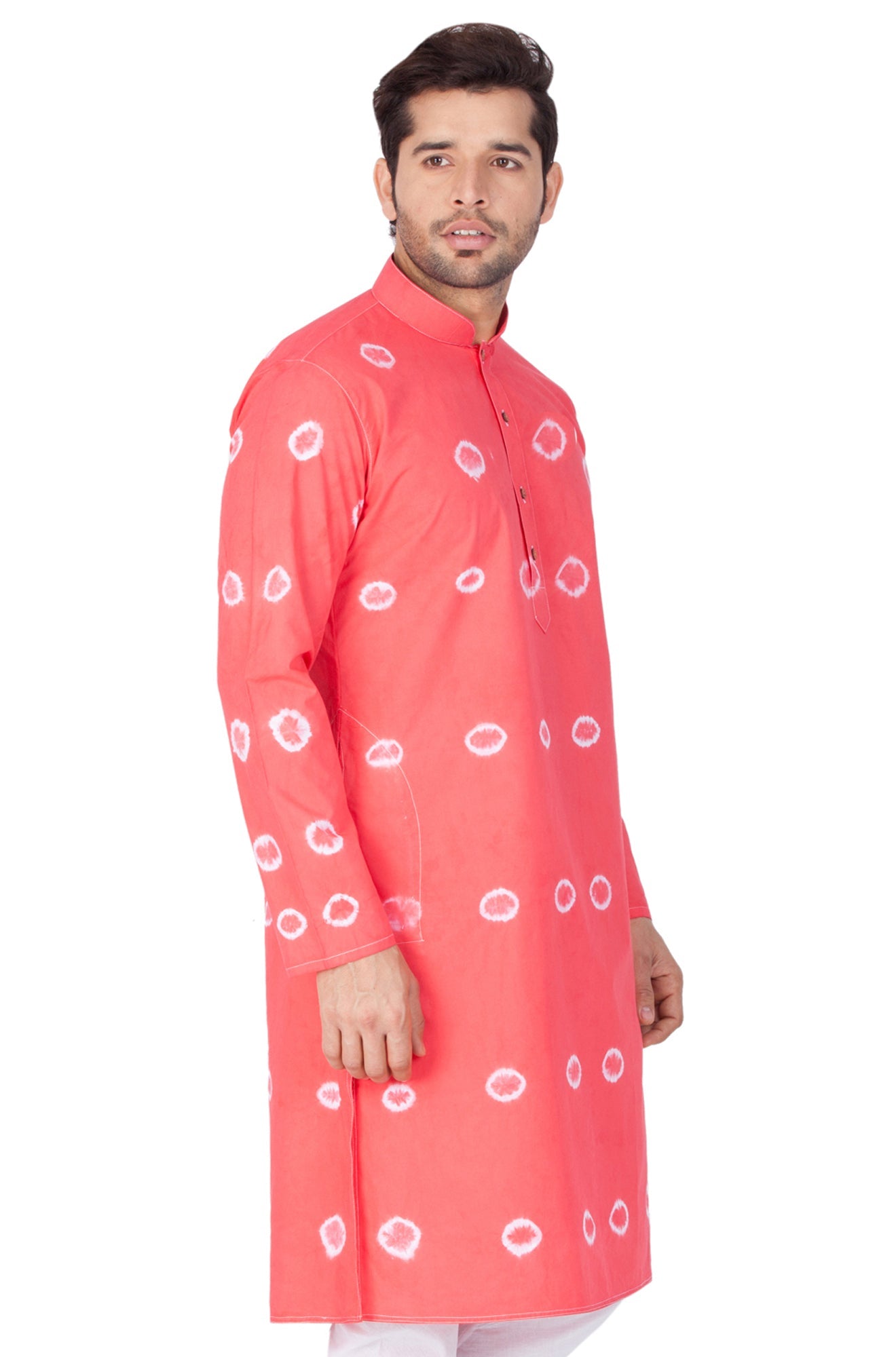 Vastramay Men's Pink Bandhni Print Cotton Kurta