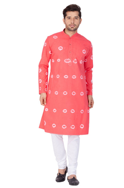 Vastramay Men's Pink Bandhni Print Cotton Kurta