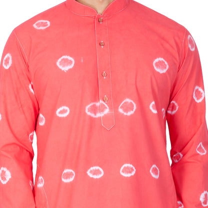 Vastramay Men's Pink Bandhni Print Cotton Kurta