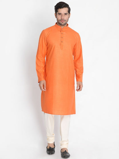 Vastramay Men's Orange Cotton Blend Kurta and Pyjama Set