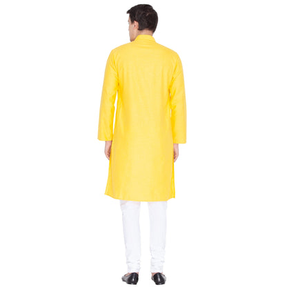 Vastramay Men's Yellow Linen Kurta and Pyjama Set