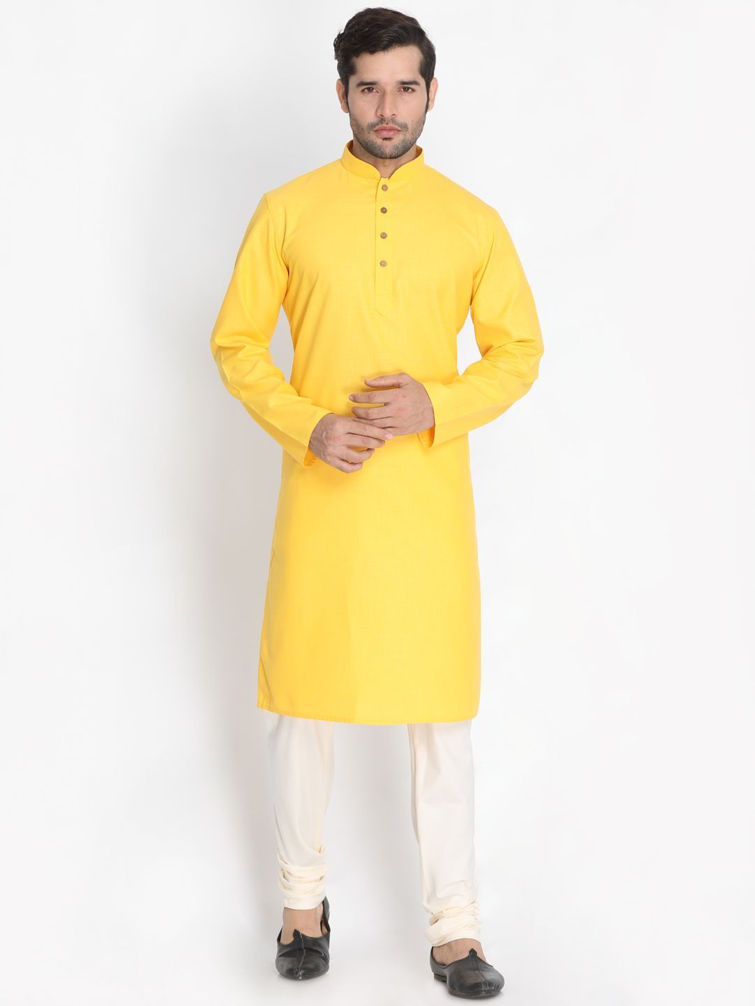 Vastramay Men's Yellow Cotton Blend Kurta and Pyjama Set