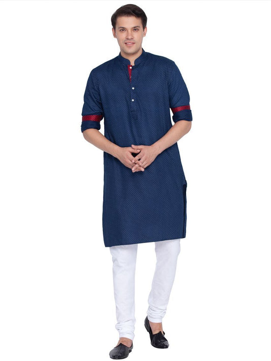 Vastramay Men's Blue Cotton Kurta And Churidar Set