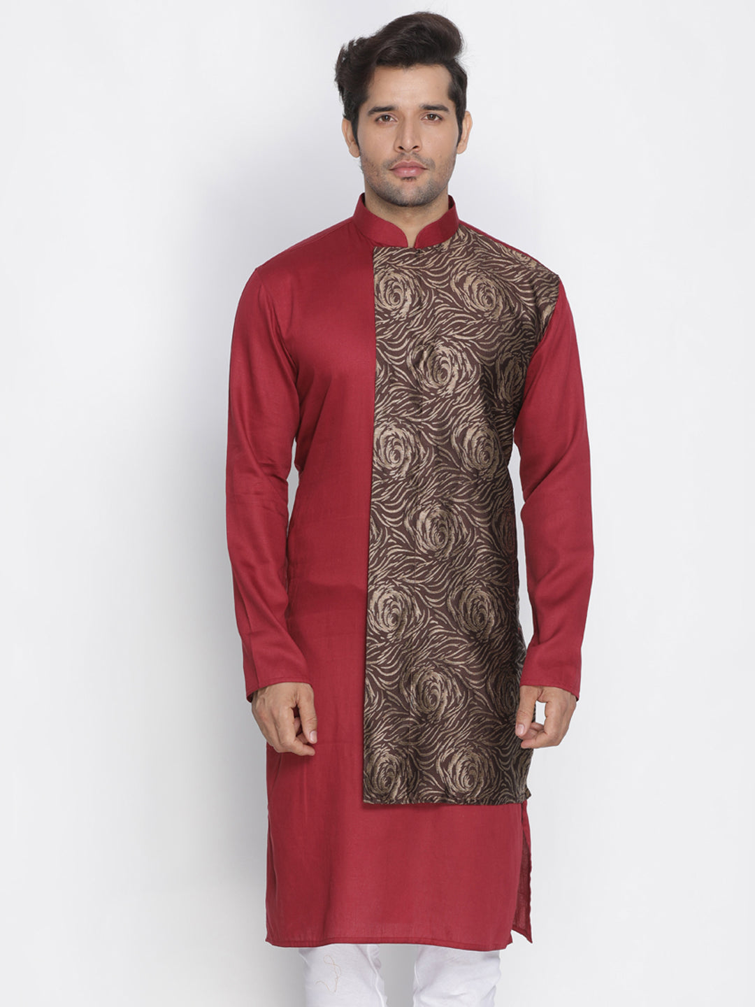 Vastramay Men's Maroon Color Cotton Blend Kurta