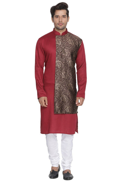 Vastramay Men's Maroon Cotton Blend Kurta and Pyjama Set