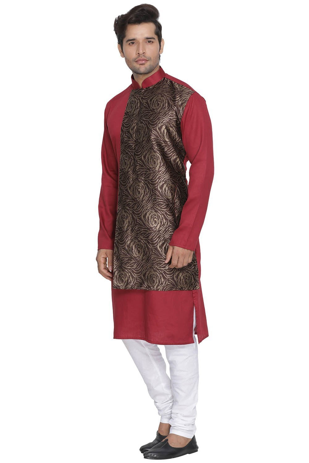 Vastramay Men's Maroon Cotton Blend Kurta and Pyjama Set