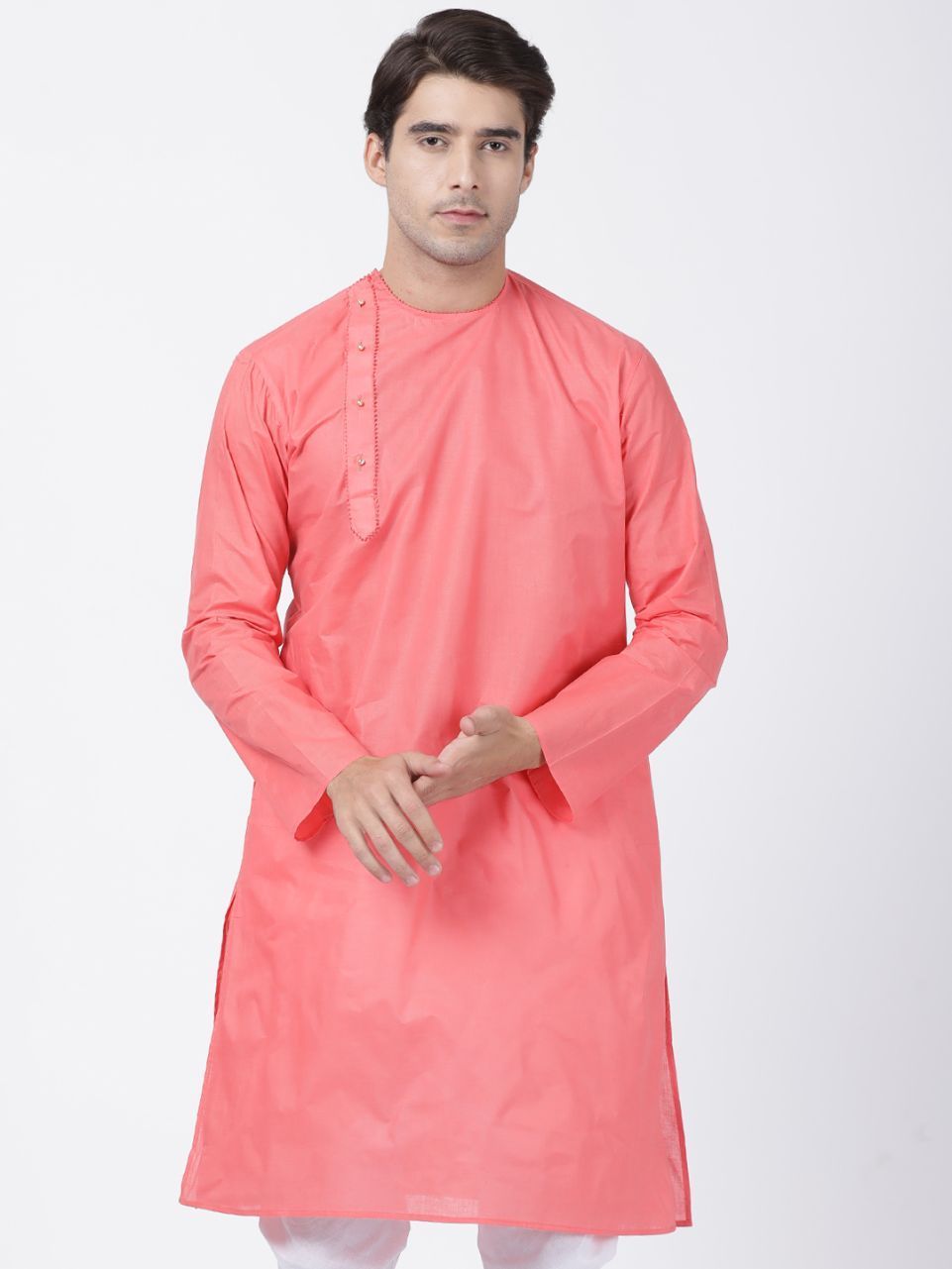 Vastramay Men's Pink Cotton Blend Kurta