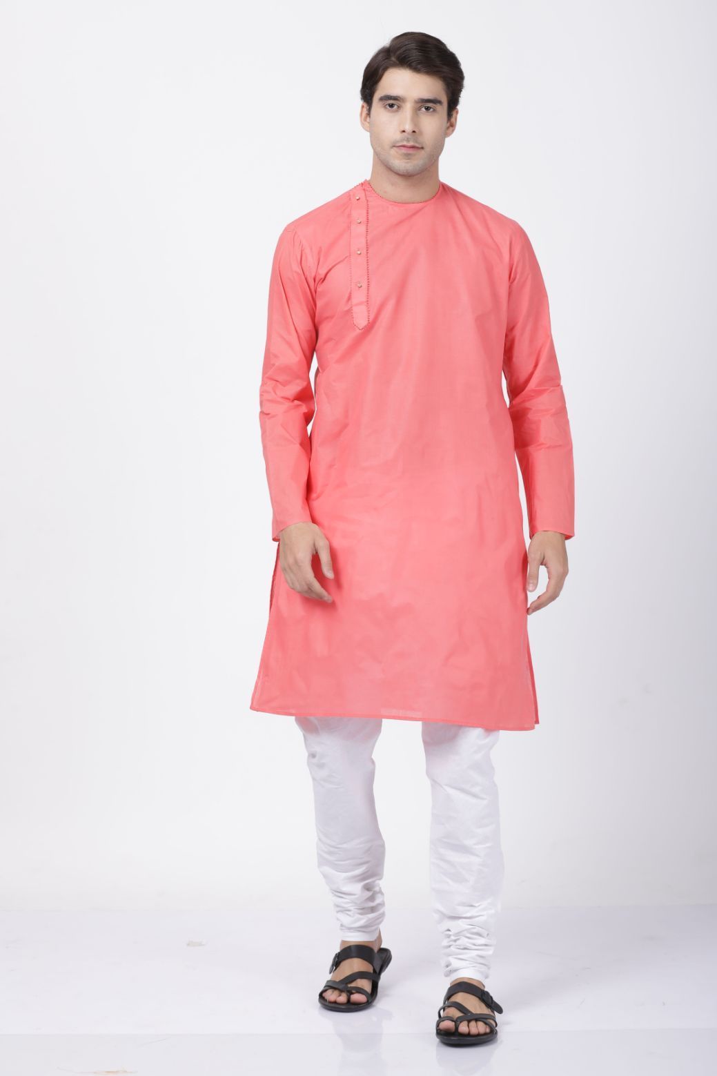 Vastramay Men's Pink Cotton Blend Kurta