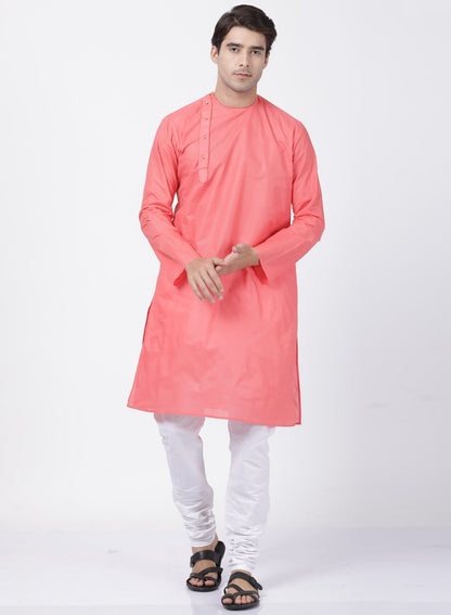 Vastramay Men's Coral Pink Cotton Blend Kurta and Pyjama Set