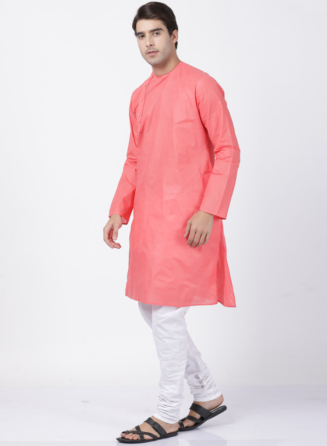 Vastramay Men's Coral Pink Cotton Blend Kurta and Pyjama Set