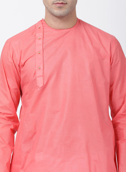 Vastramay Men's Coral Pink Cotton Blend Kurta and Pyjama Set