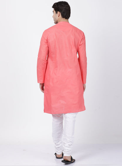 Vastramay Men's Coral Pink Cotton Blend Kurta and Pyjama Set