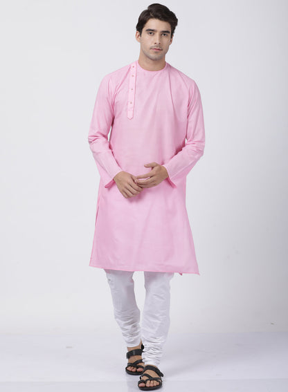 Vastramay Men's Pink Cotton Blend Kurta