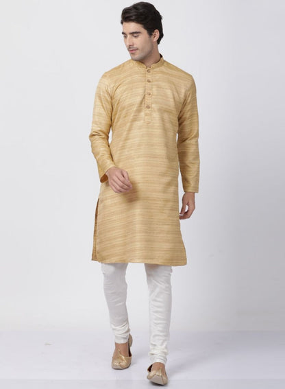 Vastramay Men's Beige Cotton Silk Blend Kurta