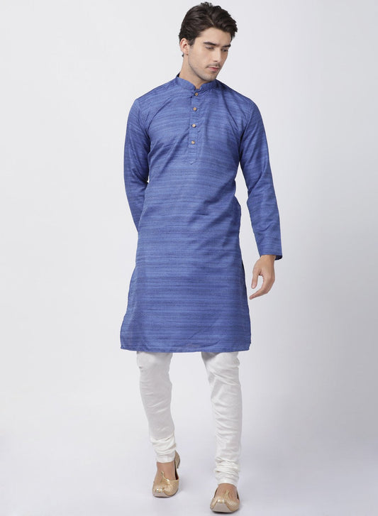 Vastramay Men's Blue Cotton Silk Blend Kurta and Pyjama Set