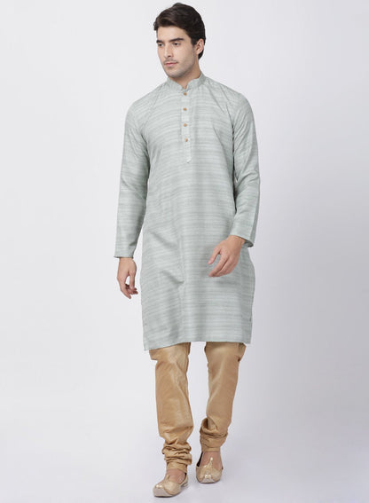 Vastramay Men's Light Green Cotton Silk Blend Kurta and Churidar Set