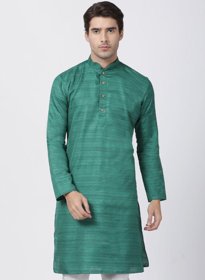 Vastramay Men's Green Cotton Silk Blend Kurta