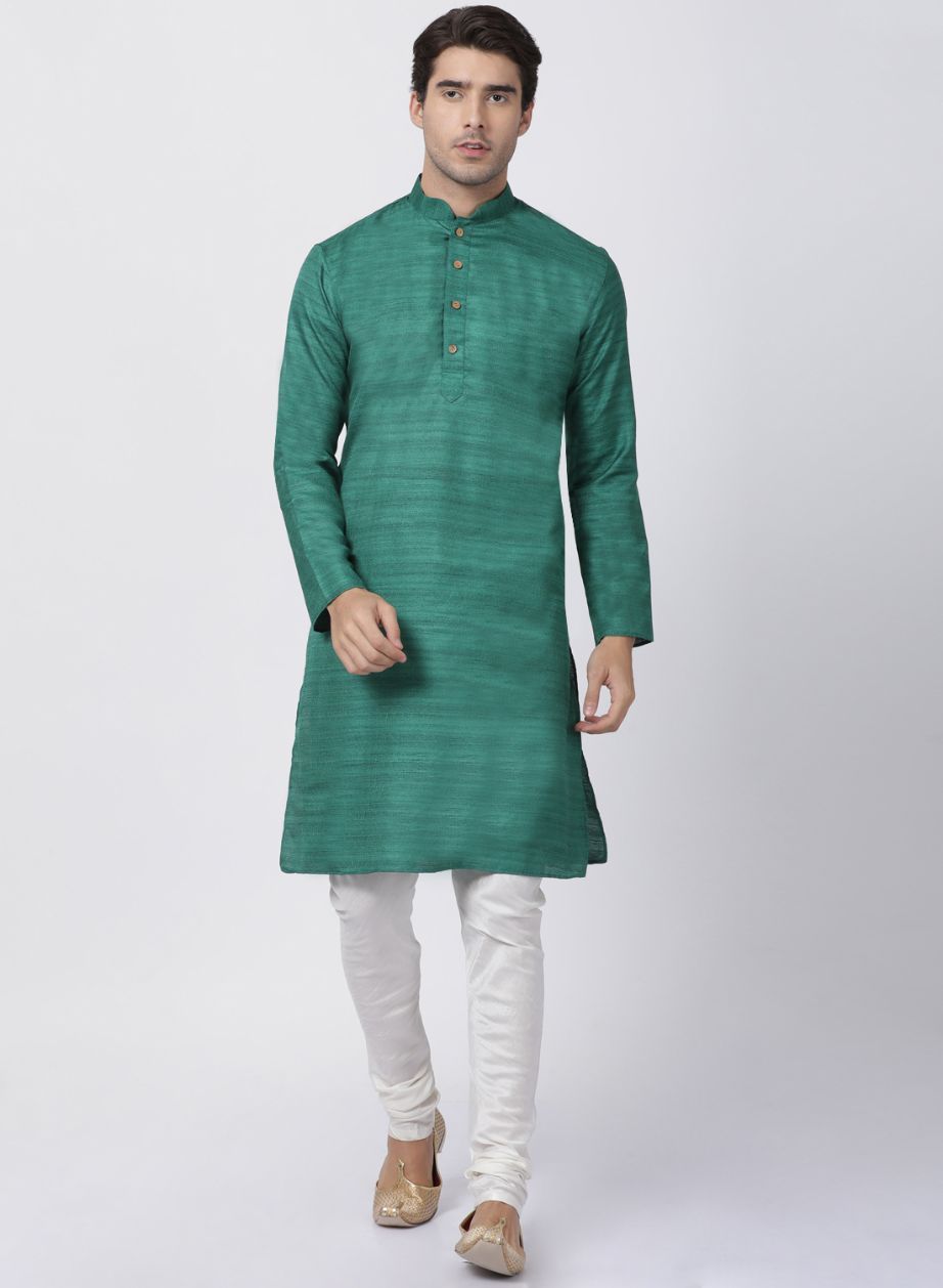 Vastramay Men's Green Cotton Silk Blend Kurta