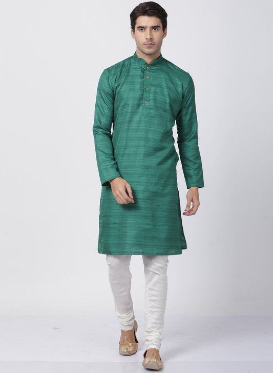 Vastramay Men's Green Cotton Silk Blend Kurta and Pyjama Set