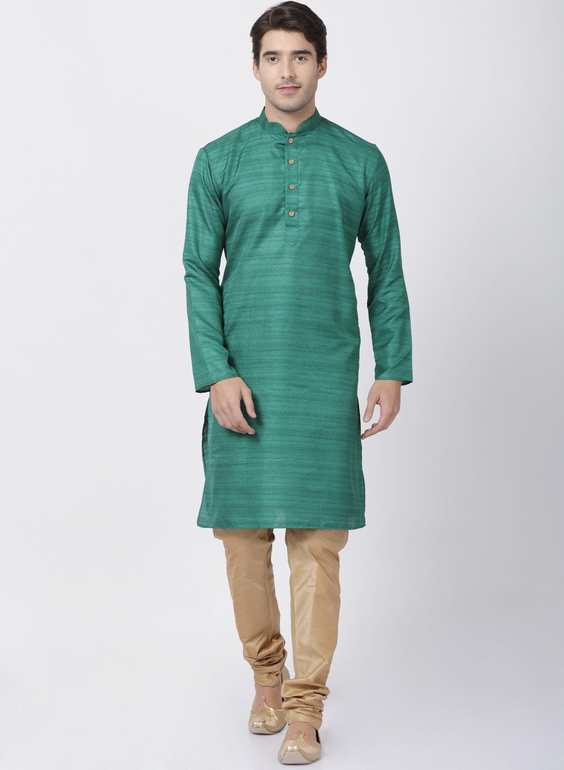 Vastramay Men's Green Cotton Silk Blend Kurta and Pyjama Set