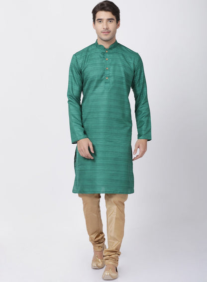 Vastramay Men's Green Cotton Silk Blend Kurta and Pyjama Set