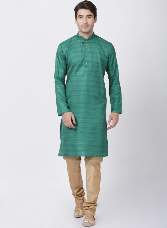 Vastramay Men's Green Cotton Silk Blend Kurta and Pyjama Set