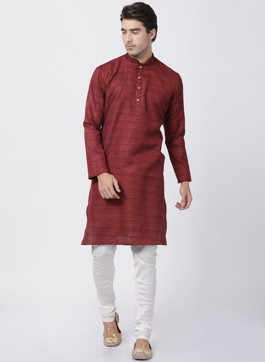 Vastramay Men's Maroon Cotton Silk Blend Kurta and Pyjama Set