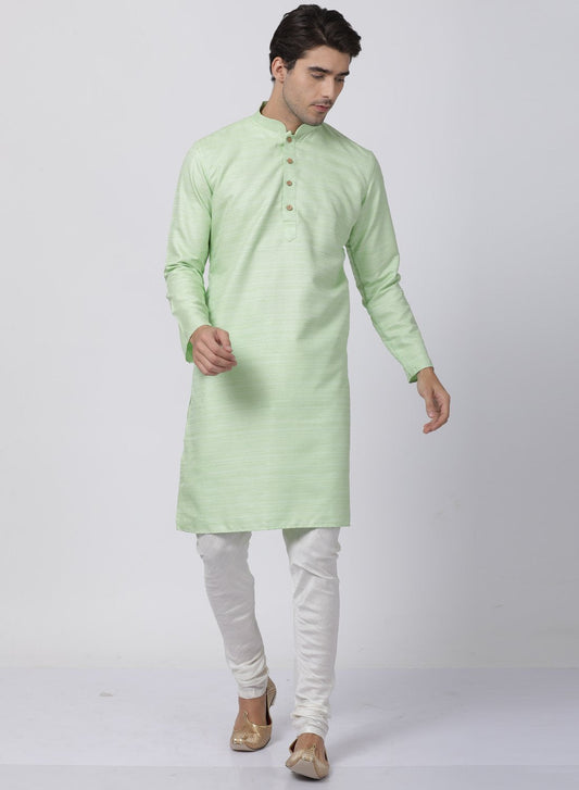 Vastramay Men's Light Green Cotton Silk Blend Kurta and Pyjama Set