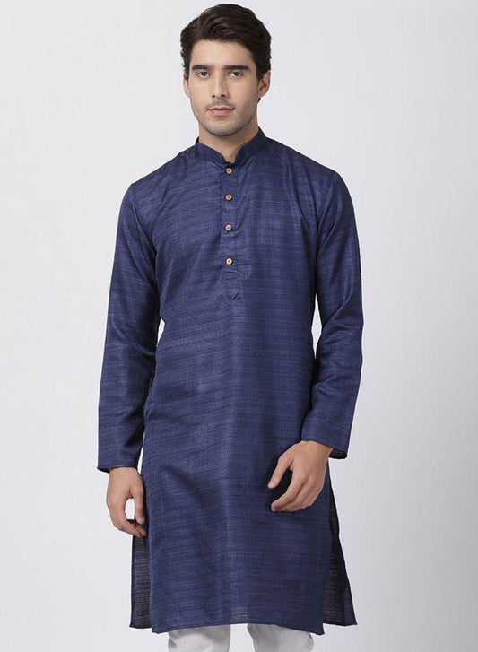 Vastramay Men's Dark Blue Cotton Silk Blend Kurta