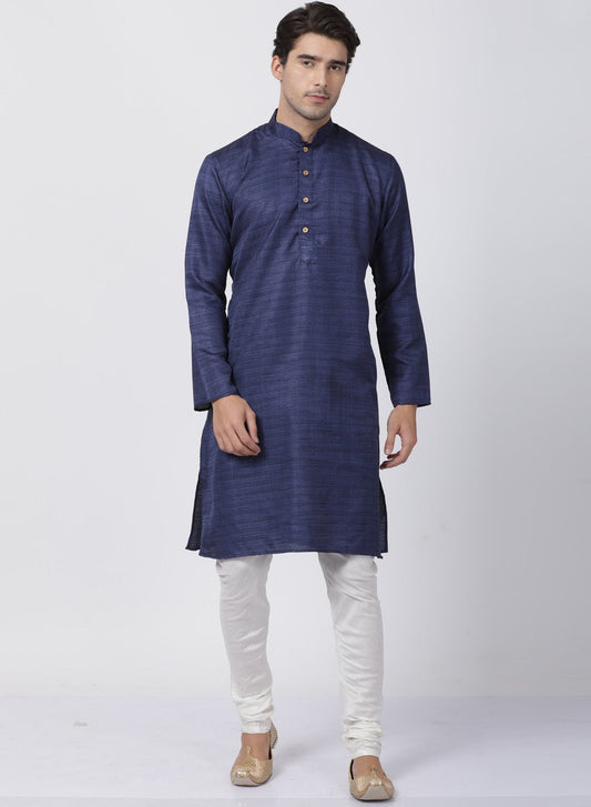 Vastramay Men's Dark Blue Cotton Silk Blend Kurta and Pyjama Set