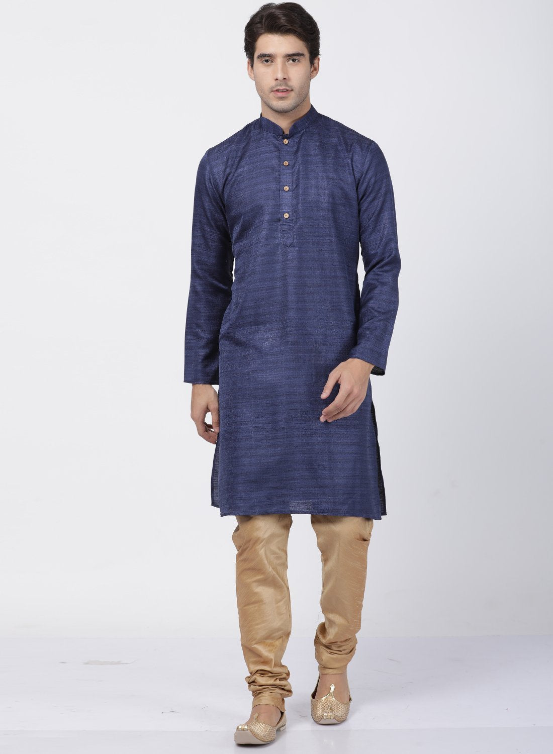 Vastramay Men's Dark Blue Cotton Silk Blend Kurta and Pyjama Set