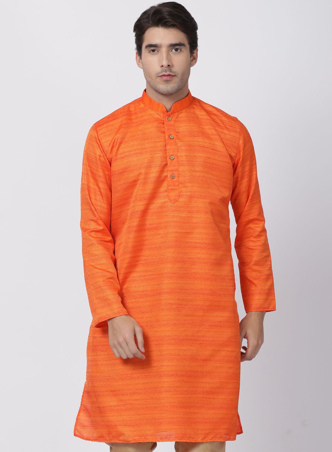 Vastramay Men's Orange Cotton Silk Blend Kurta