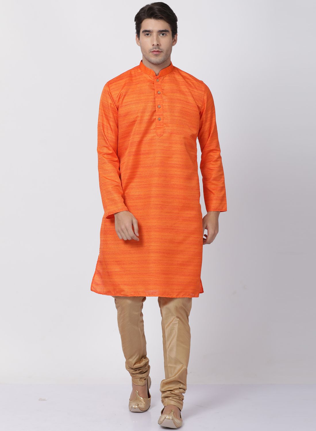 Vastramay Men's Orange Cotton Silk Blend Kurta