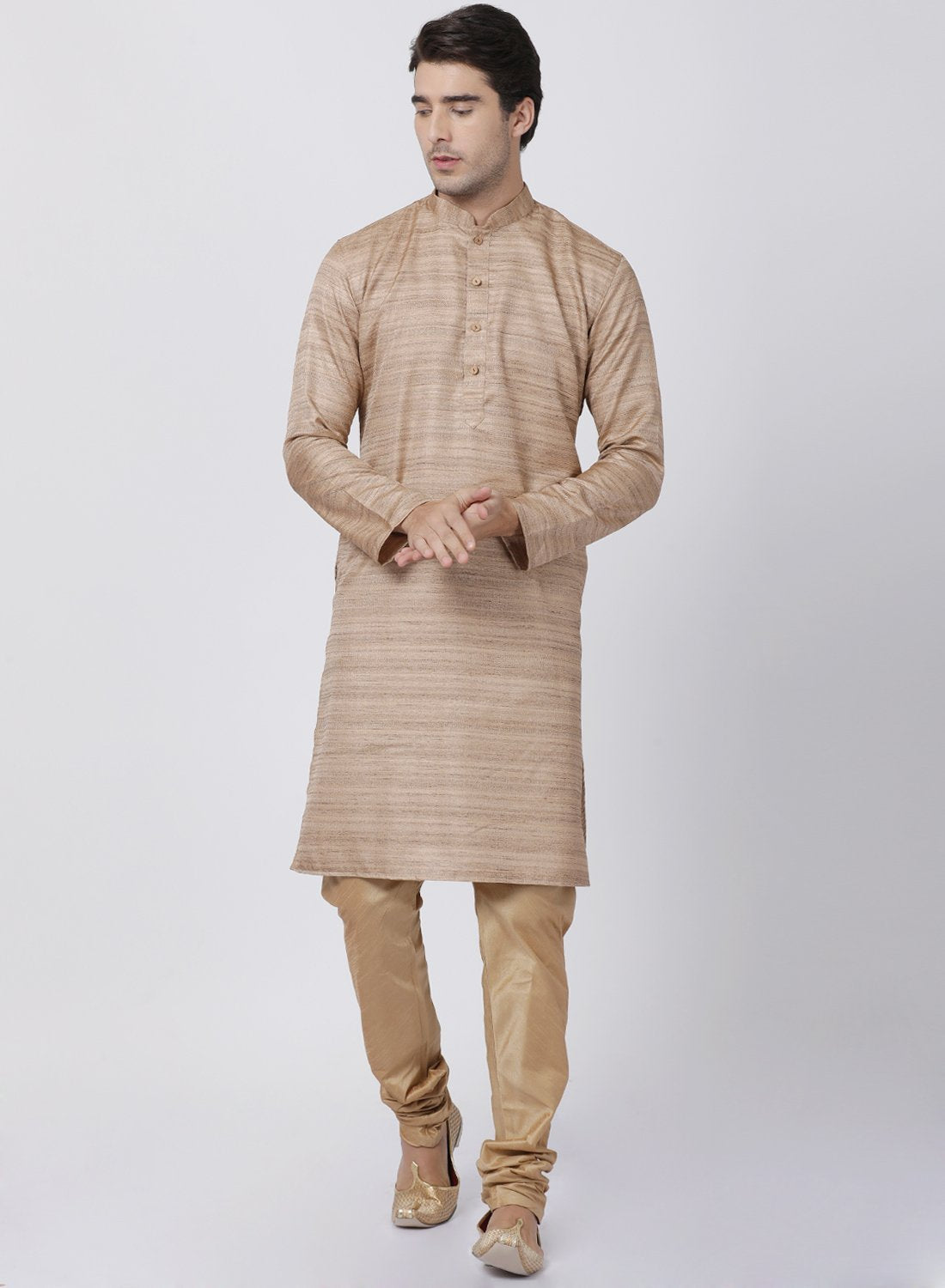 Vastramay Men's Gold Cotton Silk Blend Kurta and Pyjama Set