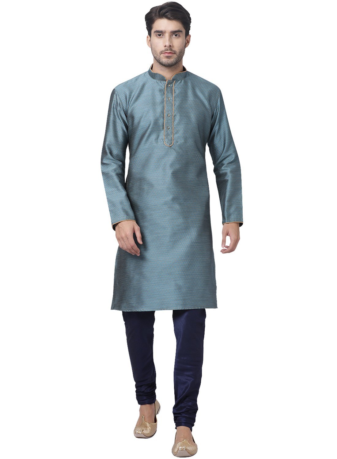 Vastramay Men's Light Blue Cotton Silk Blend Kurta and Pyjama Set