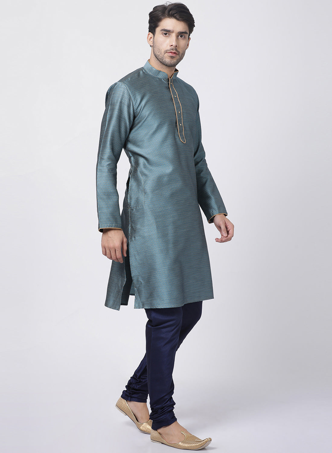 Vastramay Men's Light Blue Cotton Silk Blend Kurta and Pyjama Set