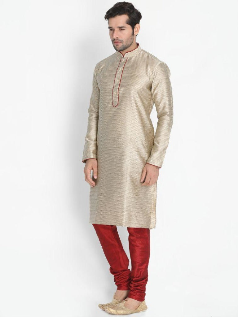 Vastramay Men's Beige Cotton Silk Blend Kurta and Pyjama Set