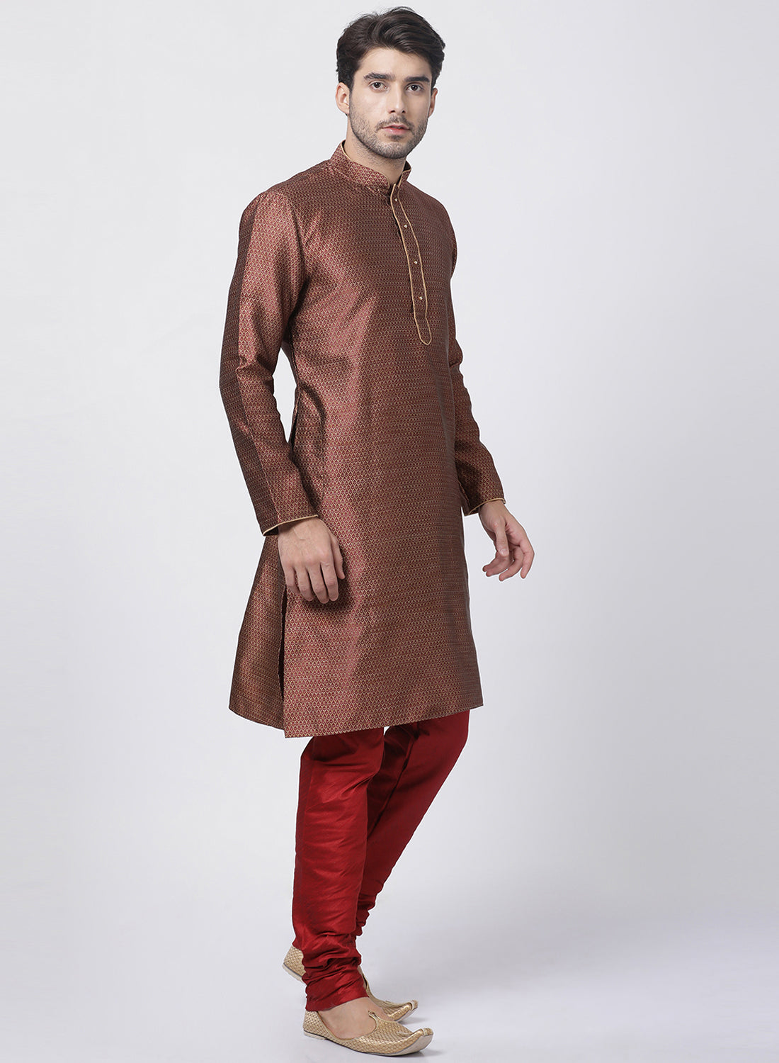 Vastramay Men's Maroon Cotton Silk Blend Kurta and Pyjama Set