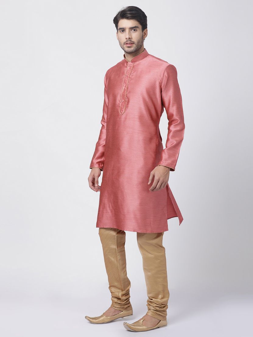 Vastramay Men's Pink Cotton Silk Blend Kurta and Pyjama Set