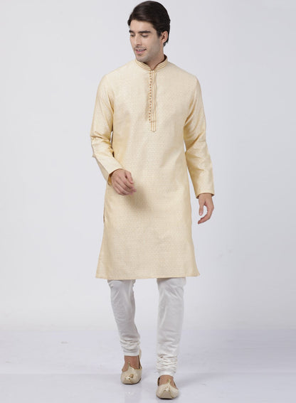 Vastramay Men's White Cotton Silk Blend Kurta and Pyjama Set