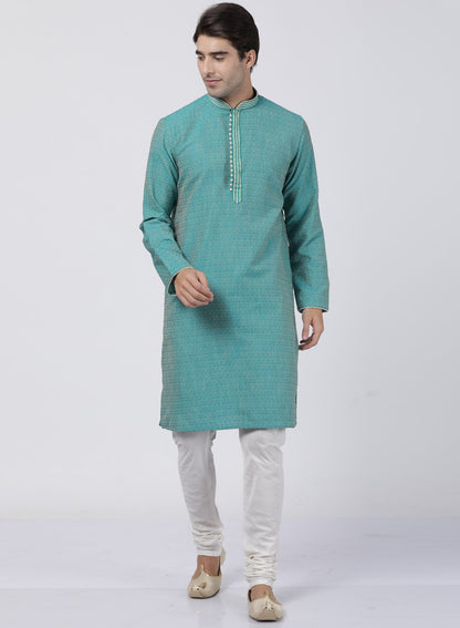 Vastramay Men's Green Cotton Silk Blend Kurta and Pyjama Set