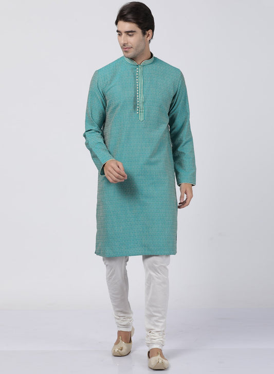 Vastramay Men's Green Cotton Silk Blend Kurta and Pyjama Set