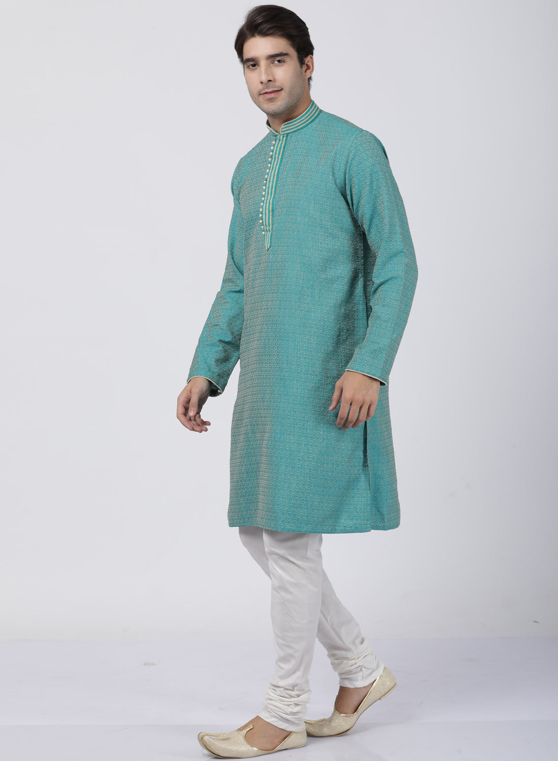 mens green cotton silk blend kurta and pyjama set600
