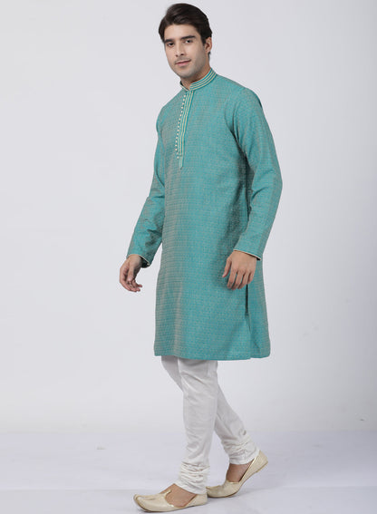 mens green cotton silk blend kurta and pyjama set600