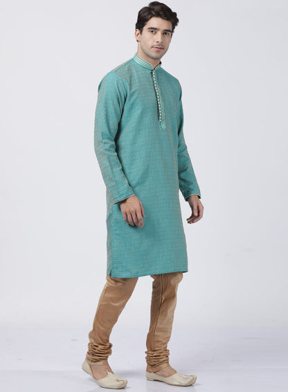 mens green cotton silk blend kurta and pyjama set592