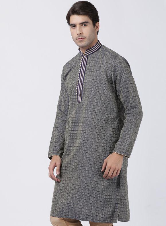 Vastramay Men's Navy Blue Silk Blend Kurta