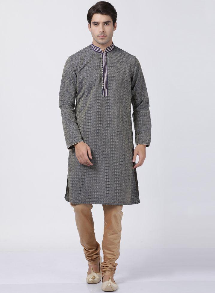 Vastramay Men's Navy Blue Silk Blend Kurta