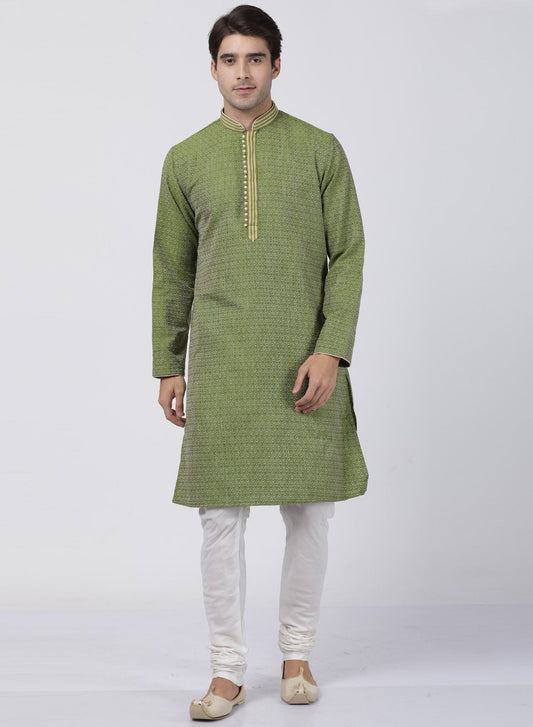 Vastramay Men's Green Cotton Silk Blend Kurta and Churidar Set